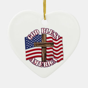God Bless American with USA Flag & Cross Ceramic Ornament