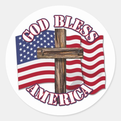 God Bless American with USA Flag  Cross Classic Round Sticker