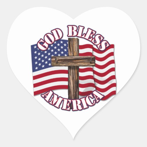 God Bless American with USA Flag  Cross Heart Sticker