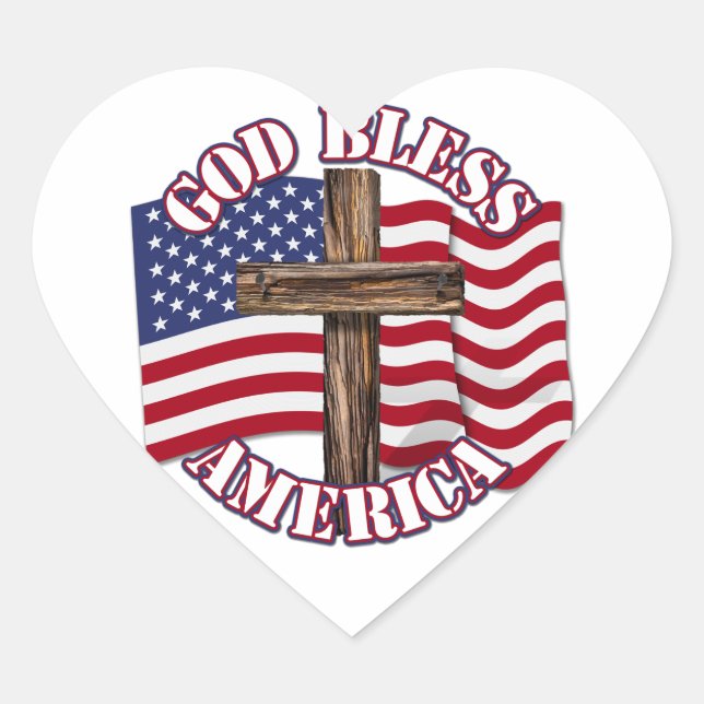 God Bless American with USA Flag & Cross Heart Sticker (Front)