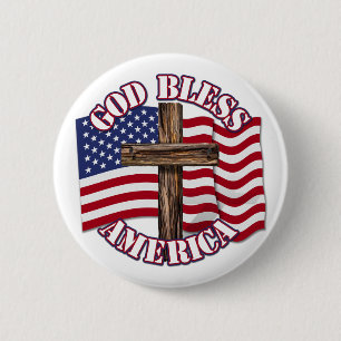 God Bless American with USA Flag & Cross Pinback Button