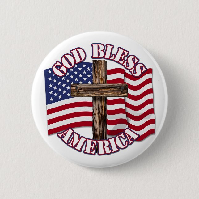 God Bless American with USA Flag & Cross Pinback Button (Front)