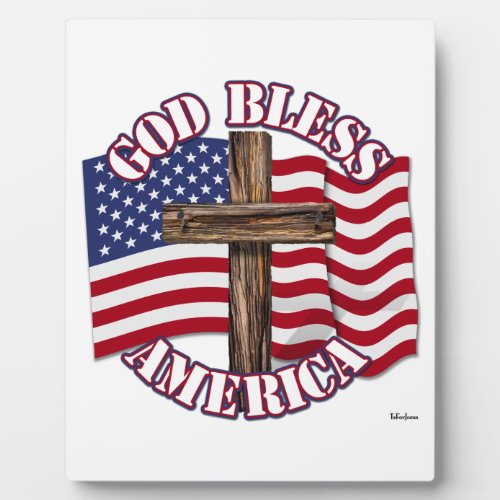 God Bless American with USA Flag  Cross Plaque