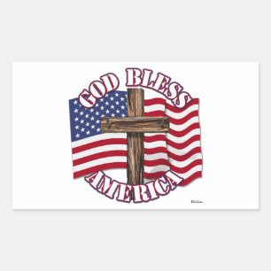 God Bless American with USA Flag & Cross Rectangular Sticker