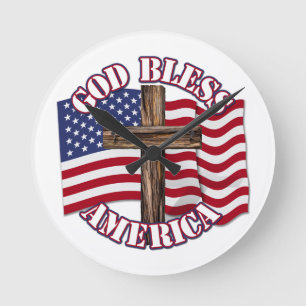 God Bless American with USA Flag & Cross Round Clock