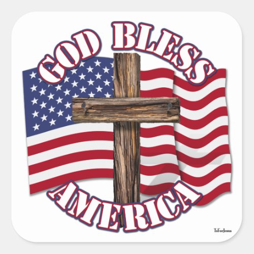 God Bless American with USA Flag  Cross Square Sticker
