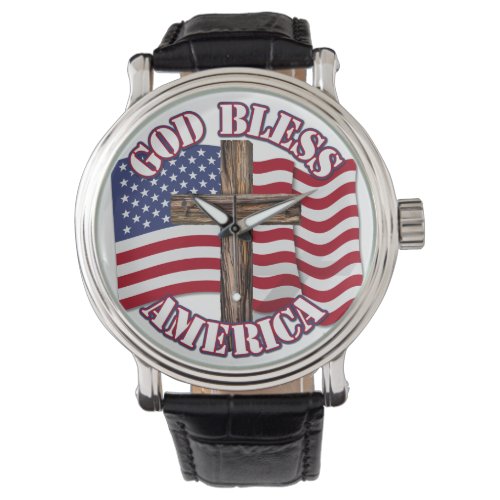 God Bless American with USA Flag  Cross Watch