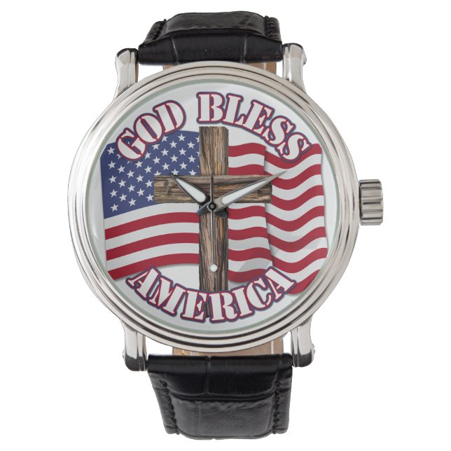 God Bless American with USA Flag & Cross Watch (Front)