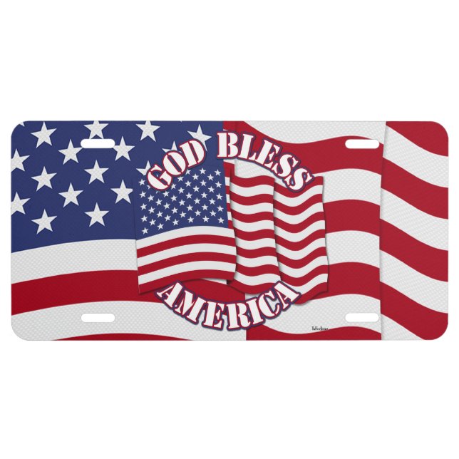 God Bless American With Waving Flag License Plate (Front)