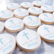 God Bless Baby Boy Baptism Blue Cross Sugar Cookie