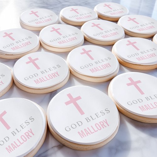 God Bless Baby Girl Baptism Pink Cross Sugar Cookie