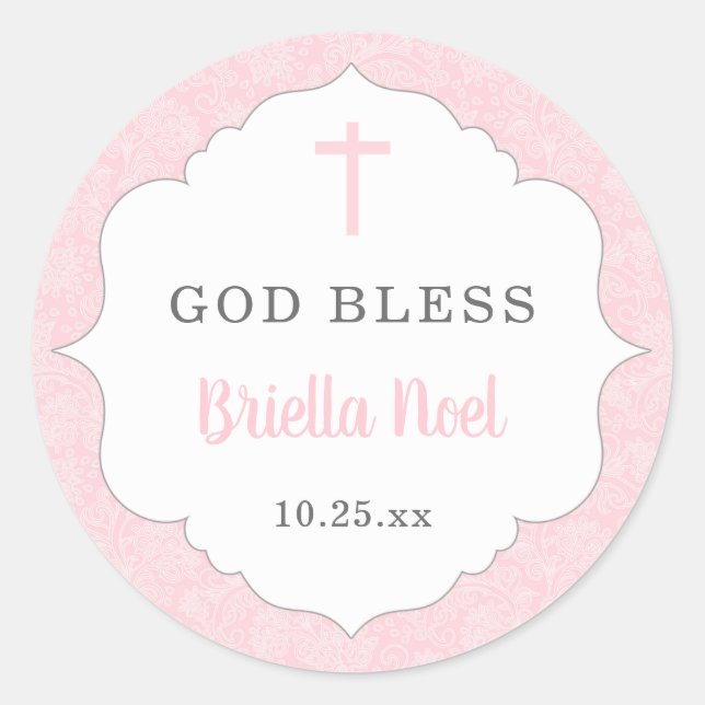 God Bless baptism favor | pink damask baby girl Classic Round Sticker (Front)