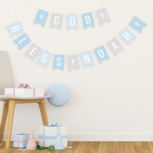 God Bless Blue and Gray Custom Name Baptism Bunting Flags (Creator Uploaded)