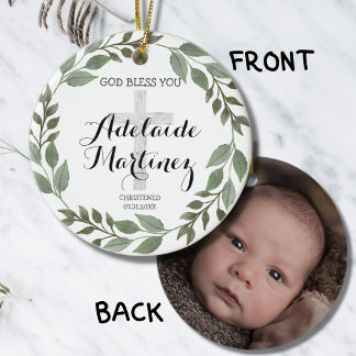 God Bless Christening Baptism Green Botanical Ceramic Ornament