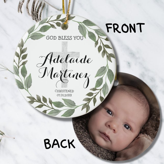 God Bless Christening Baptism Green Botanical Ceramic Ornament (Creator Uploaded)