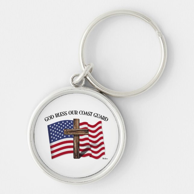GOD BLESS COAST GUARD with rugged cross & US flag Keychain (Front)
