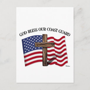 GOD BLESS COAST GUARD with rugged cross & US flag Postcard