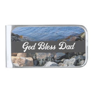  God Bless Dad Rocky Seashore Photo Blue and Gray Silver Finish Money Clip