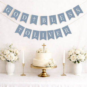 God Bless Dusty Blue 6 Letters Baptism Communion Bunting Flags