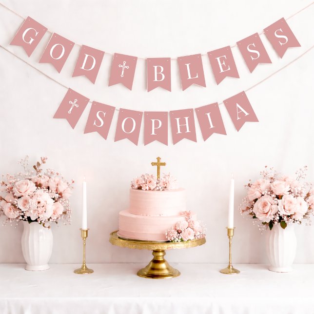 God Bless Dusty Rose 6 Letters Baptism Communion Bunting Flags (Creator Uploaded)