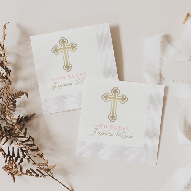 God Bless Elegant Gold Cross Baptism Girl Blush Napkins (Creator Uploaded)