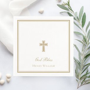 God Bless Gold Cross Boy Baptism Napkins