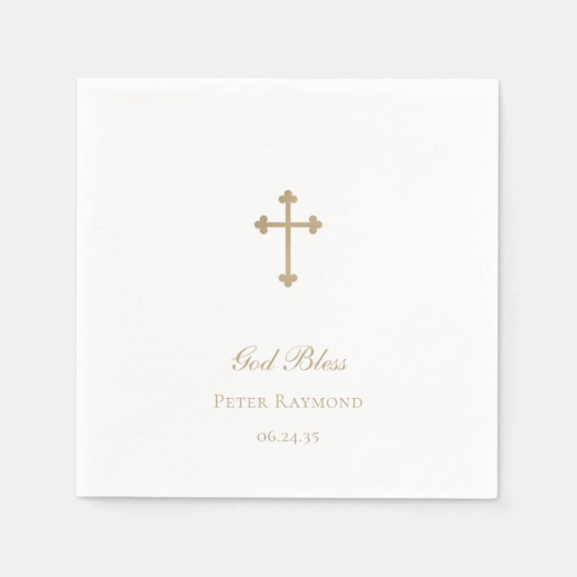 God Bless Gold Cross Boy Baptism Napkins (Front)