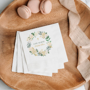 God Bless Green Gold Floral Wreath Baptism Napkins