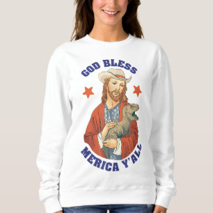 God Bless Merica Y'all Jesus Dinosaur Cowboy Hat Sweatshirt