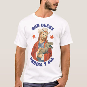 God Bless Merica Y'all Jesus Dinosaur Cowboy Hat T-Shirt