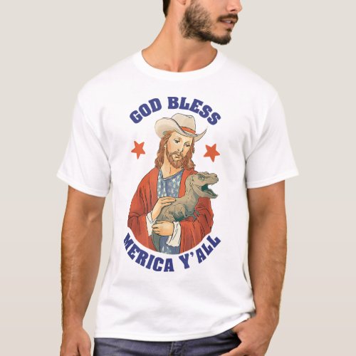 God Bless Merica Yall Jesus Dinosaur Cowboy Hat T_Shirt