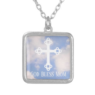 God Bless Mom Cross in the Sky Mother's Day Silver Plated Necklace