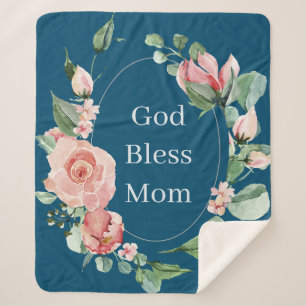 God Bless Mom Pretty Floral Mothers Day Sherpa Blanket