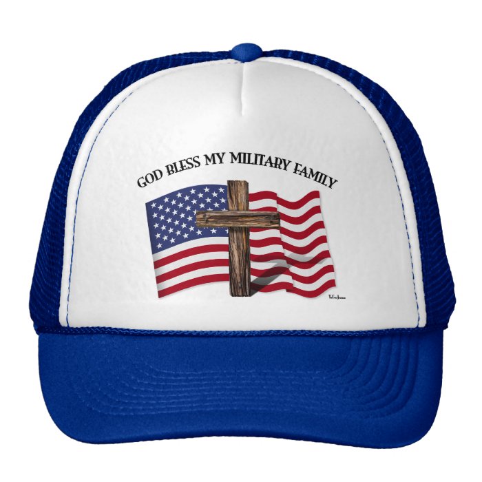 GOD BLESS MY MILITARY FAMILY rugged cross, US flag Mesh Hat