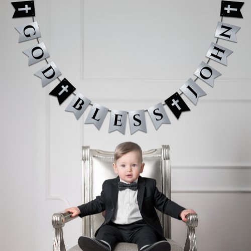 God Bless Name Black Silver Cross Boy Confirmation Bunting Flags
