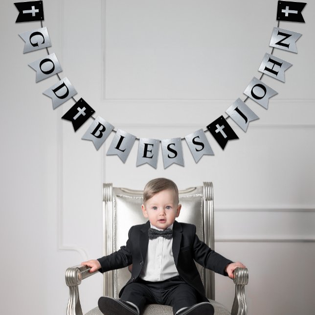 God Bless Name Black Silver Cross Boy Confirmation Bunting Flags (Creator Uploaded)