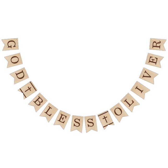 God Bless Name Brown Wood Baptism First Communion Bunting Flags (All)