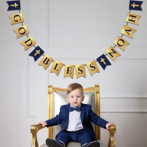 God Bless Name Gold Navy Blue Baptism Communion Bunting Flags