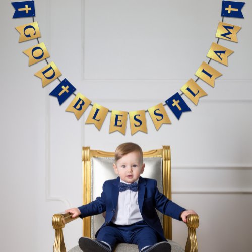 God Bless Name Gold Royal Blue Baptism Communion Bunting Flags