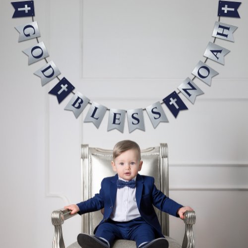 God Bless Name Silver Navy Blue Baptism Communion Bunting Flags