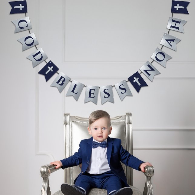 God Bless Name Silver Navy Blue Baptism Communion Bunting Flags (Creator Uploaded)