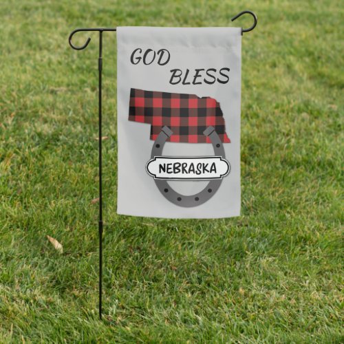 God Bless Nebraska Buffalo Plaid Horseshoe Garden Flag