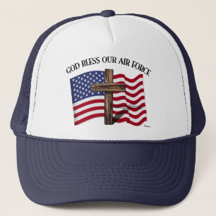 GOD BLESS OUR AIR FORCE with rugged cross, US flag Trucker Hat