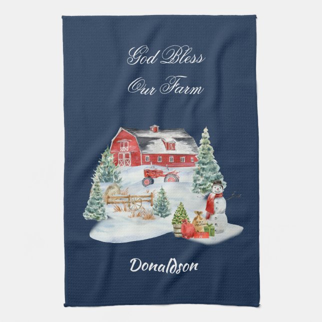 God Bless Our Farm Christmas Farm Scene Kitchen Towel (Vertical)