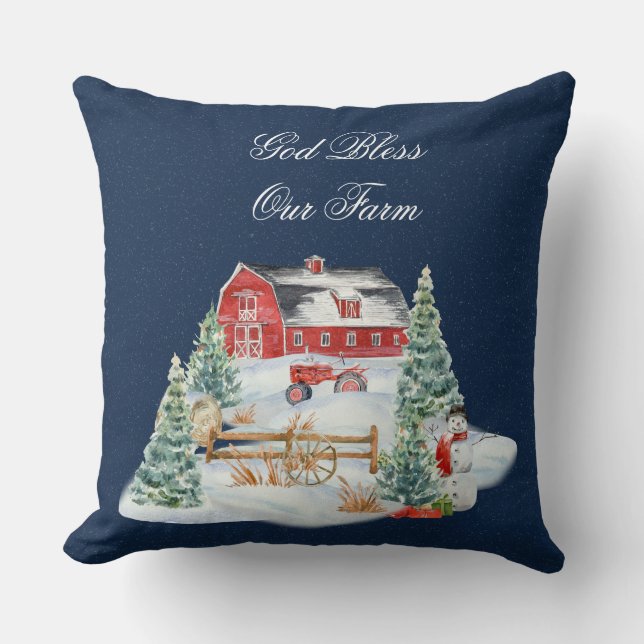 God Bless Our Farm Christmas Farm Scene Throw Pillow (Front)