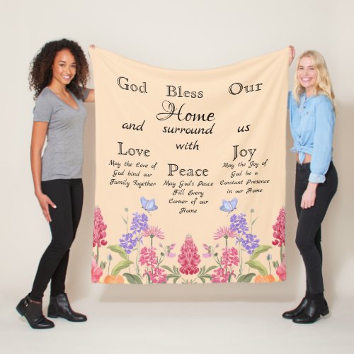 God Bless Our Home Beige Floral Wildflowers Fleece Blanket