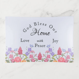 God Bless Our Home Blue Floral Wildflower Trinket Tray