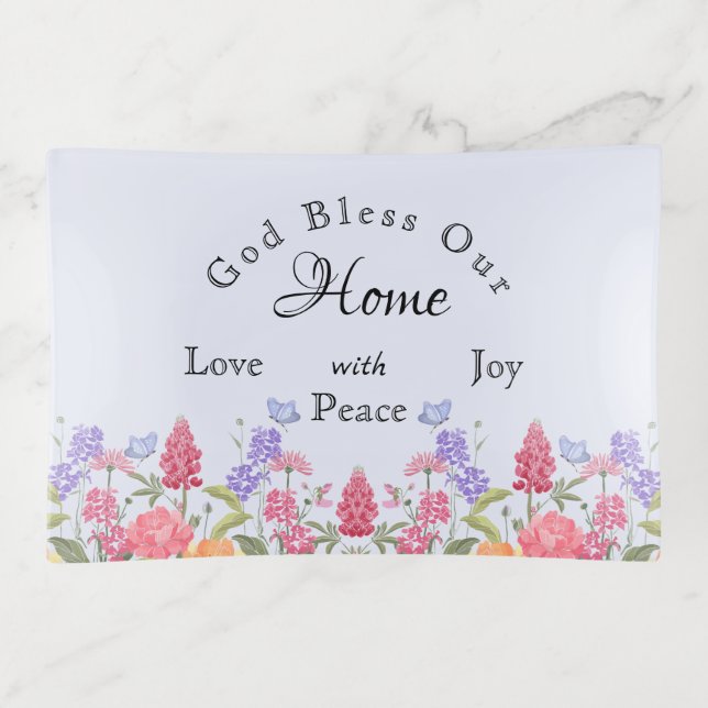 God Bless Our Home Blue Floral Wildflower Trinket Tray (Front)