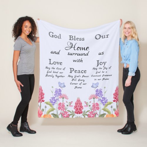 God Bless Our Home Blue Floral Wildflowers Fleece Blanket