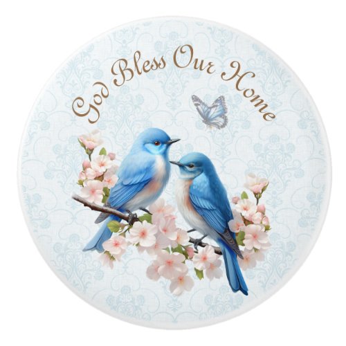 God Bless Our Home Bluebird Floral Damask Ceramic Knob